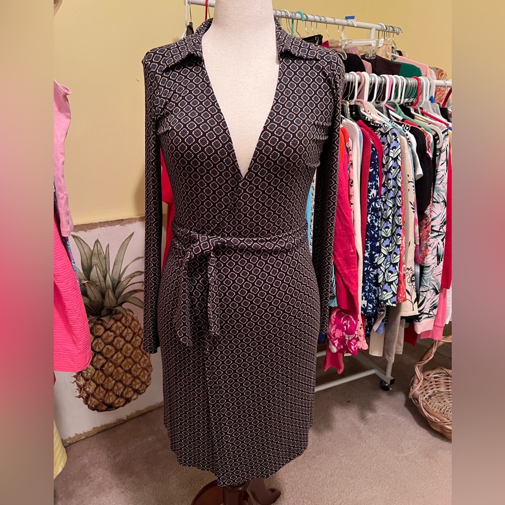 Vintage United Colors Of Bennetton Navy Blue Patterned Wrap Dress Size M
